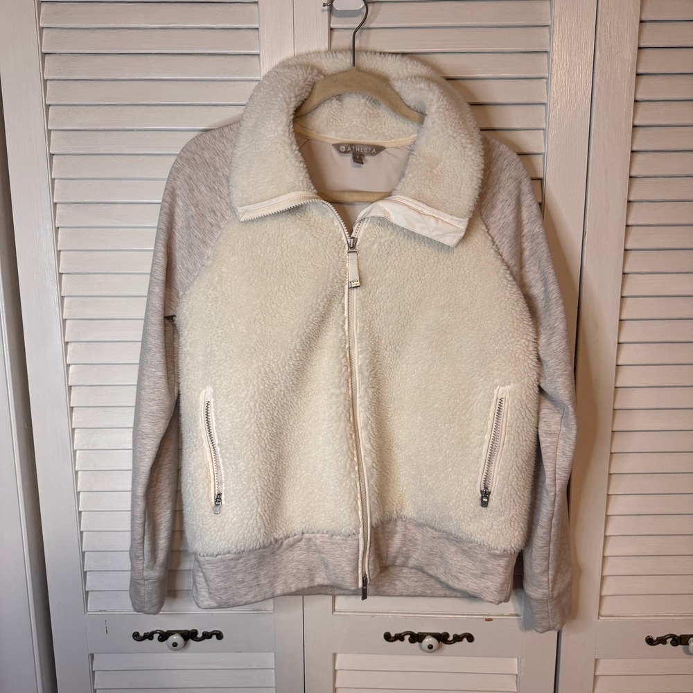 Athleta Jacket Sherpa Fleece Mixed Media Small Cream Women Full Zip Cozy